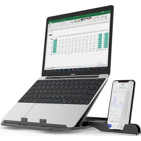 Supporto premium per laptop con supporto per telefono - Supporto per laptop e telefono in 1 - Universale - Ruotabile a 360 gradi - Nero (1/4)