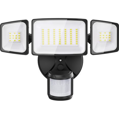 42W Projecteur LED Détecteur de Movement, IP65 Etanche Spot Lampe 3 Tête, 6500 K Blanc Froid Éclairage de Sécurité Extérieur PIR pour Jardin, Cour, Entrée, Terrace (1/5)