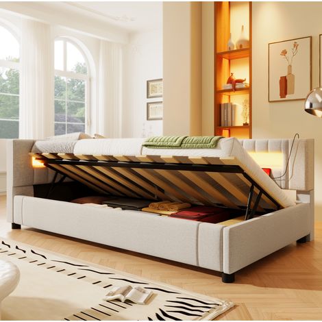 Cama 90 x 200 cm con canapé hidráulico, LED, USB y USB-C, beige DESVIAE (1/5)