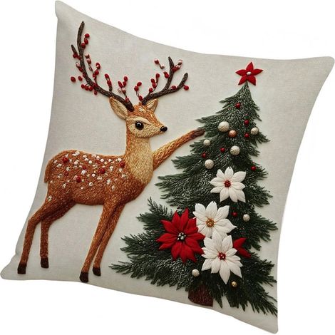 Housse de Coussin de Noël en Lin, Motifs Cerfs Lapins Père Noël, Fermeture Éclair Invisible, pour Canapé et Chambre (1/5)