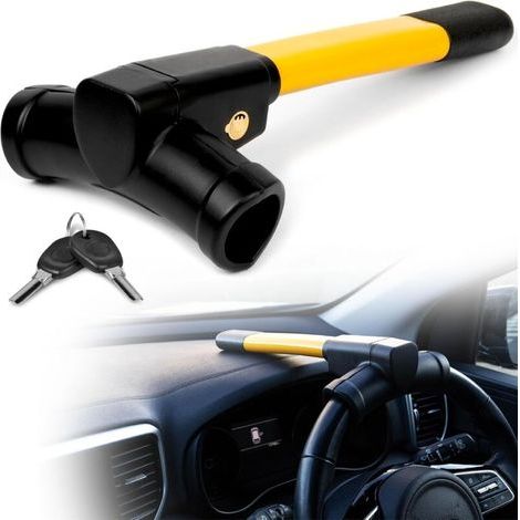 Antivol de volant jaune avec barre en T - Dispositif antivol haute visibilité pour voiture, fourgonnette, caravane, 2 clés - Antivol de volant robuste (jaune) (1/4)