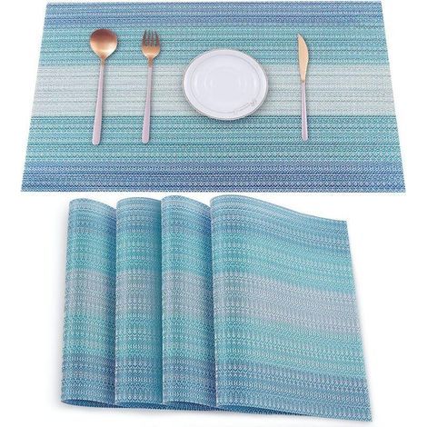 Set mit 4 fleckenabweisenden, faltbaren, waschbaren und abwischbaren Vinyl-Tischsets zur Dekoration von Küchen- und Esstischen (blau) (1/4)