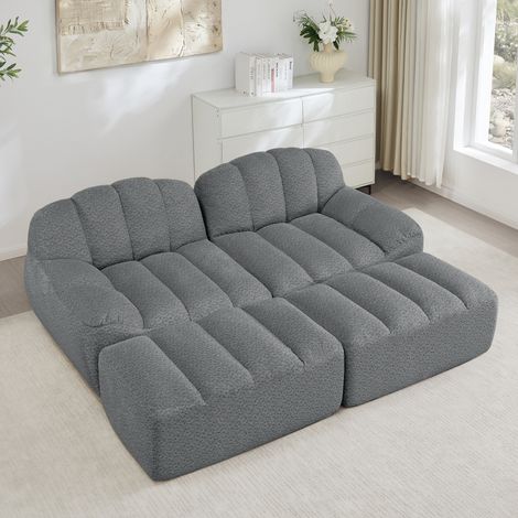 Canapé modulaire 2 places gris en tissu polaire granuleuse avec ottomans et design antidérapant (1/5)