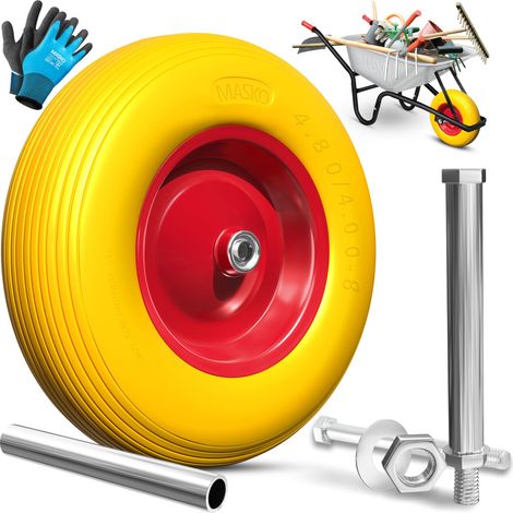 MASKO® PU rueda de carretilla goma maciza 200 kg antipinchazos 4.80/4.00-8 Ø 390mm incl. eje rueda de repuesto rueda de goma llanta de acero neumático antipinchazos para carretilla amarillo / rojo (1/5)