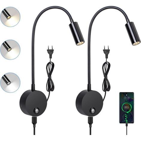 2pcs Applique murale LED, liseuse de chevet avec interrupteur, port de charge USB, 3W liseuse de lit pivotante à 360° avec prise et câble pour chambre, 3000-6000K, Noir (1/5)