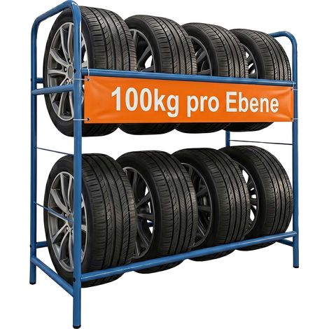Relaxdays Reifenregal für 8 Reifen, HxBxT: 106 x 106 x 46 cm, 200 kg, Stahl, 2 Ebenen, Räderregal, Reifenlager, blau