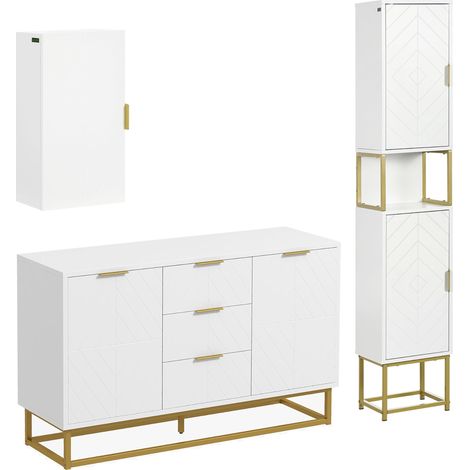 Lot de meubles de rangement kleankin - buffet, armoire murale et meuble colonne - étagère réglable, pieds en acier - doré blanc (1/5)