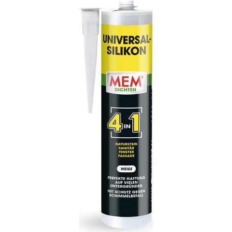 MEM Universal Silikon 4in1, Silikon-Dichtstoff für zahlreiche Untergründe, Im Innen- und Außenbereich, Weiß, Kartusche 300ml (1/5)