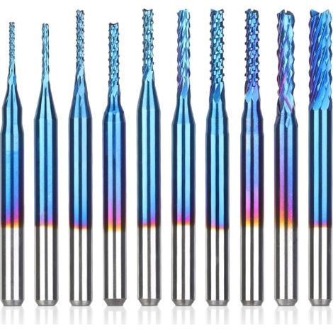 10 Nano Blue coated CNC milling cutters, 0.8-3 mm, 1/8" shank