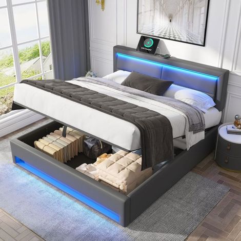 Lit coffre - SOGEU - 160x200 - Capitonné gris - Port USB & charge sans fil - LED multicolore télécommandée (1/5)