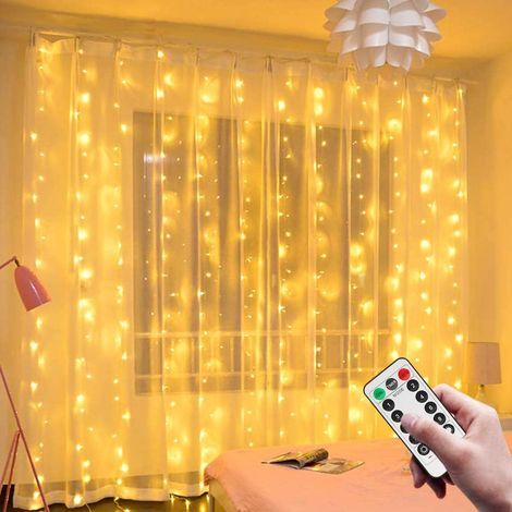 Guirlande lumineuse rideaux 3m x 3m – 300 LED blanc chaud – 8 modes d'éclairage – Alimentation USB – Télécommande incluse (1/5)