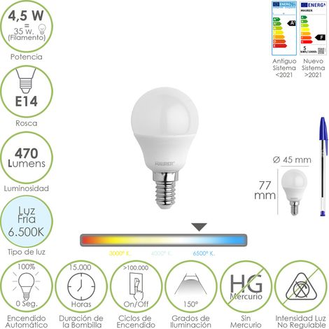 Bombilla Led Esferica Rosca E14 4.5 Watt. Equivale A 55 Watt. 470 Lumenes. Luz Fria (6500º K)