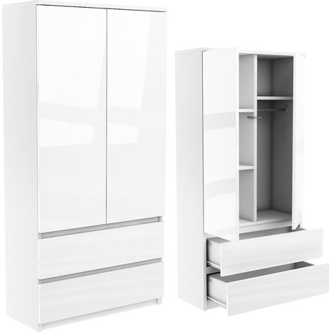 Kleiderschrank SZ07 Weiß Hochglanz 180 cm 2 Türen 2 Schubladen (1/5)