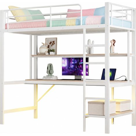 Letto a soppalco 90x200 cm con sbarre, scala, prese USB, luce ambientale a 7 colori, scrivania e scaffale, struttura in metallo e MDF, bianco - CHICFURN (1/5)