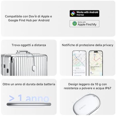 Xiaomi Smart Tag Localizzatore Bluetooth NFC Apple Find My Google Find Hub IP67 Batteria CR2032 390 Giorni 1 Pezzo