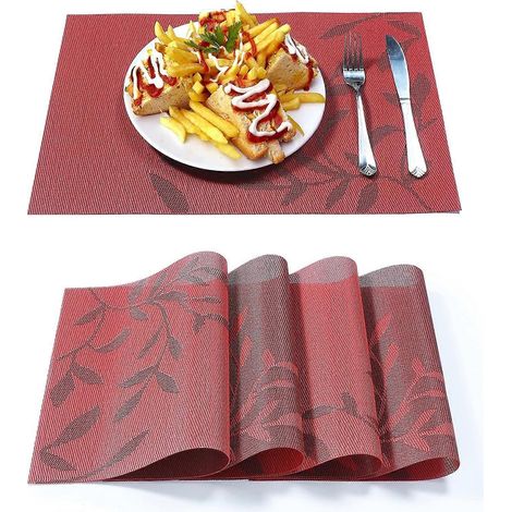 Sets de table rouges en vinyle tissé PVC antidérapant, imperméable, résistant à l'humidité et à la chaleur, lot de 4, avec coussin pour la cuisine, la salle à manger et les fêtes. (1/4)
