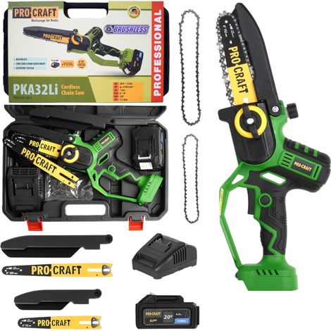 Procraft PKA32Li Akku Kettensäge 20 V 203 mm Brushless + 1x Akku 4,0 Ah + Ladegerät + Koffer
