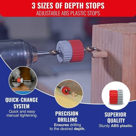 Butées de perçage en plastique (ABS) - Réglables sans outils - pour forets de Ø3 à 12 mm (1/3)