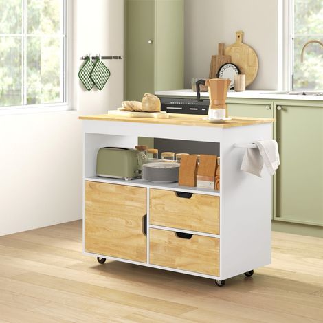 Desserte de cuisine mobile avec plan de travail, tiroirs et armoire à fermeture douce - Chariot de service pratique avec compartiment ouvert et roulettes - 107x50x85cm couleur chêne clair (1/5)