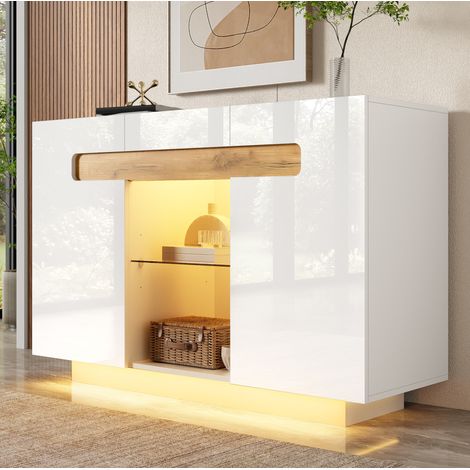 Credenza LED 120 x 40 x 80 cm in truciolato e vetro temperato, bianco effetto legno OKMYHOME (1/5)