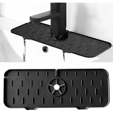 Tapis fond d'évier,De Robinet en Silicone, Tapis De Robinet De Cuisine, Pare-Éclaboussures d'Évier De Cuisine Lavable, Tapis De Cuisine en Silicone avec Drainage,le noir 1 pièce