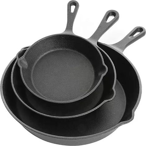 Poêle En Fonte - 16 cm 20 cm 26 cm - Compatible Induction Gaz Vitrocéramique Infrarouge - Lot De 3 Pièces - Noir