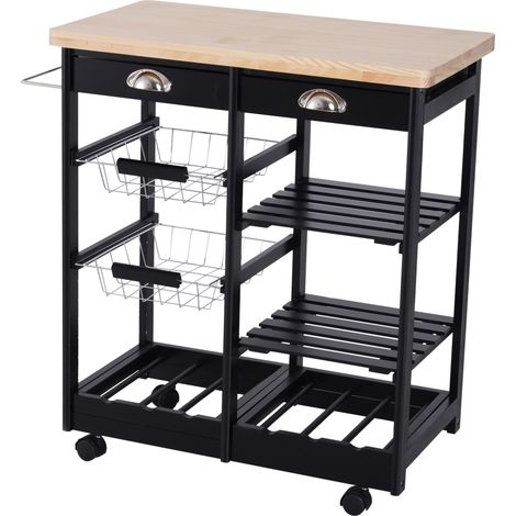 HOMCOM Carrello da Cucina in Legno con Ruote Ripiani e Portabottiglie 74x37x76cm (1/5)
