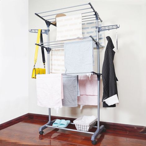Séchoir à Linge Pliable Ailes Latérales sur 3 Niveaux Étendoir Extensible Spécial Draps/Nappes/Grandes Pièces Gris (1/5)