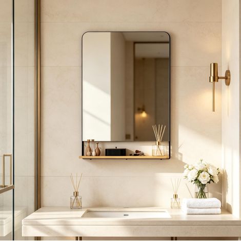 Miroir mural rectangulaire 80 x 60 cm avec étagère, cadre en métal noir et éléments en bois HAVRYA (1/5)
