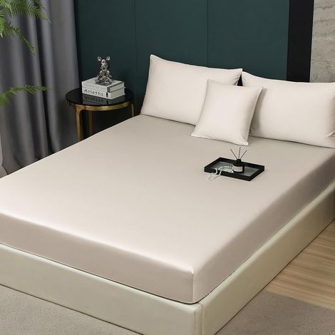 Drap Housse 140x200 Coton Beige Satin de Coton Drap de lit Doux Soyeux Respirant Lyocell Soie Drap-Housse (1/5)