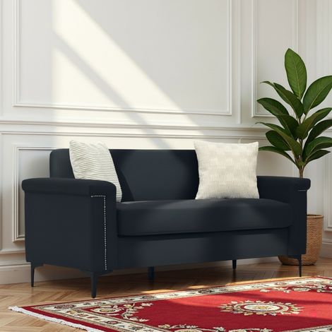 Sofá 2 plazas 172x72x82cm Estilo nórdico Tejido lino Estructura madera maciza Patas metal Negro (1/5)