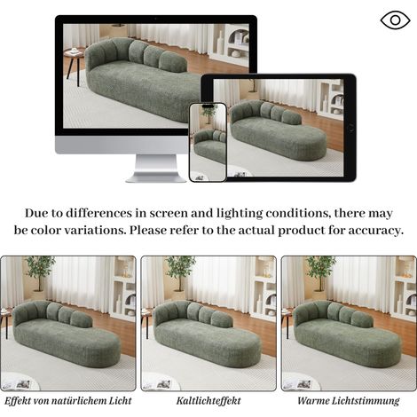 Chaise longue moderne incurvée en chenille vert sauge avec dossier capitonné ondulé, canapé-lit d'appoint vert foncé motif nuage, méridienne confortable sans accoudoirs pour salon, chambre et coin lec (1/4)