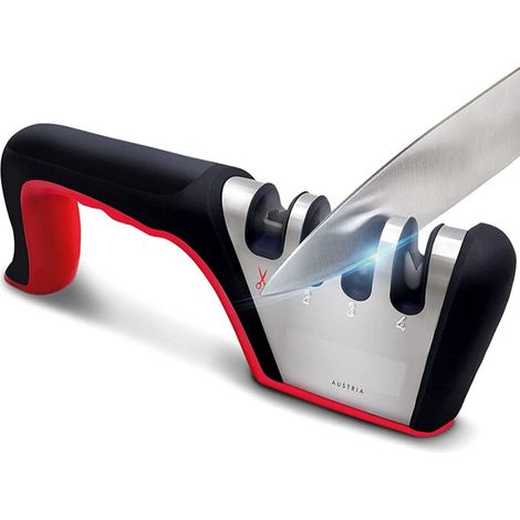 Aiguiseur Couteaux Professionnel. 4 en 1 Affuteur Couteau de Cuisine avec Base Anti-dérapante. Eguiseur de Couteau pour Couteaux et Ciseaux. Afuteur Couteaux Manuel (noir et rouge) (1/5)