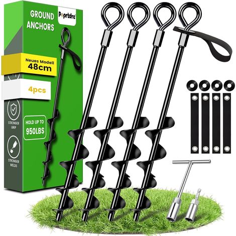 Lot de 4 piquets d'ancrage au Sol de 48 cm avec Sangles résistantes  ancrages au sol à visser dans le sol pour tentes, balançoires, auvents, particulièrement stables et faciles à installer (1/5)