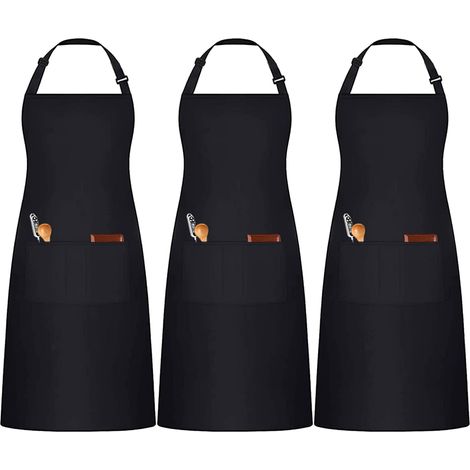 Lot de 3 Tabliers Noirs Blanc, Réglables Cuisine Tabliers avec 3 Poches pour Hommes Femmes, Tablier (Polycoton) (1/5)
