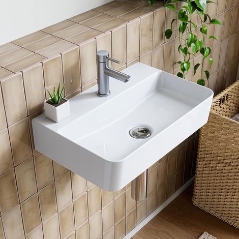 HOROW Lavabo sospeso in ceramica bianco, rettangolare, 46 x 30 cm, con foro per rubinetto, senza troppopieno, piccolo lavabo da parete per bagno e WC (1/5)