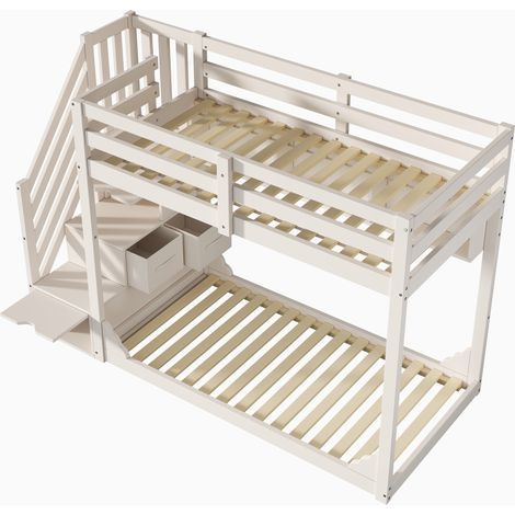 Cama litera infantil 90x200 cm blanca de madera con escalera contenedor y estantes MODENUIT (1/5)