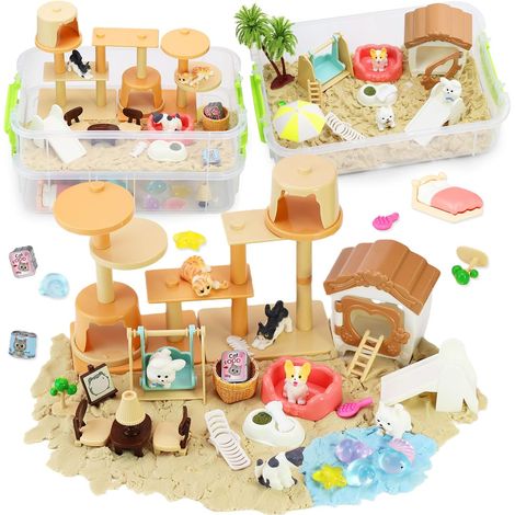 Set de Sable avec Bac à Sable à 2 Étages,500g de Sable Magique,Figurines de Chiens et Chats,Jouets Sensoriels pour Enfants 3+ Ans,Jeux Créatifs avec Sable,Cadeau pour Garçons et Filles (1/5)