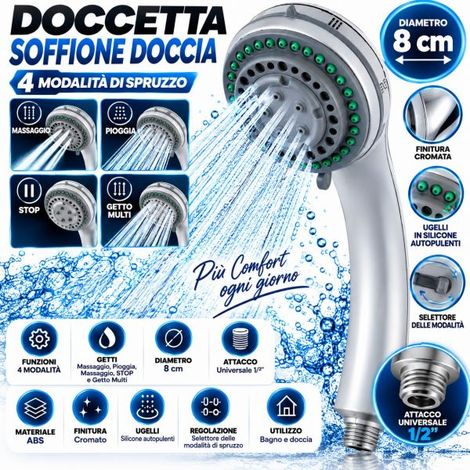 Soffione Doccia Doccetta a 4 Getti Ø8 cm in Abs universale 1/2" Cromato (1/5)