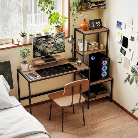 Bureau informatique marron avec étagère réversible 4 niveaux, rehausse écran et support imprimante, 150x48x125 cm (1/5)