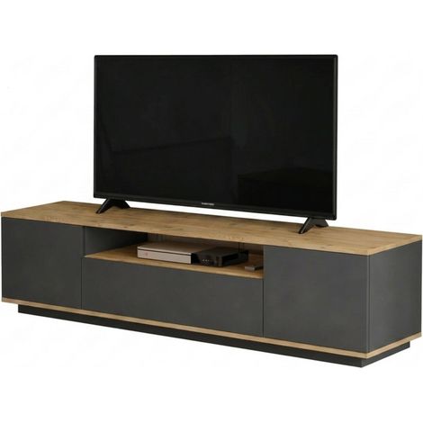 Meuble TV 70 Pouces 3 Portes 4 Niches Chêne et Gris L 180 H 44.6 P 44.5 cm (1/5)