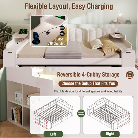 Lit banquette gigogne 140x200 cm avec rangements, USB et Type-C, bois blanc et dossier Sherpa (1/5)