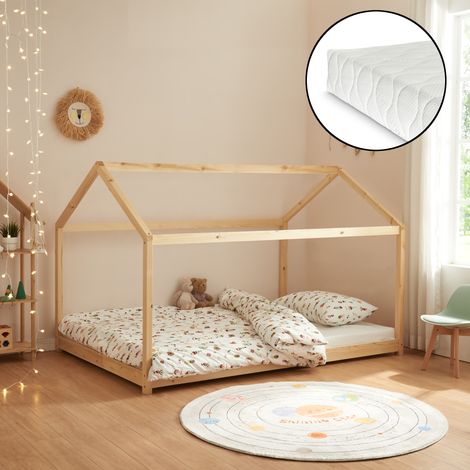 Cama para niños Cerro en forma de casa con colchón pino 140x200cm - Natural [en.casa]