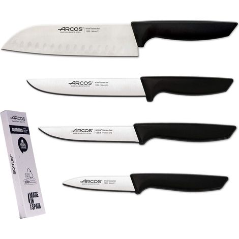 Jeu de Couteaux de Cuisine Professionnels en Acier Inoxydable Manche Noir Ustensiles Couteau Japonais Santoku Lave-Vaisselle (4 Pièces) (1/5)