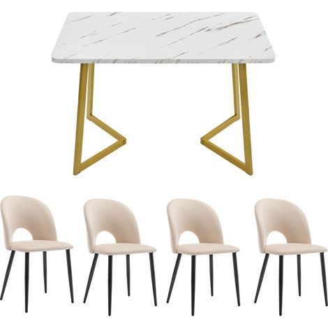 Ensemble salle à manger 5 pièces avec table MDF 117x68 cm et 4 chaises en velours beige à pieds réglables (1/5)