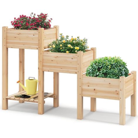GOPLUS 3 Niveaux Carré Potager Surélevé en Bois, Jardinière Surélevée avec 3 Bacs à Plantes, Étagère Ouverte & Trous de Drainage (1/4)