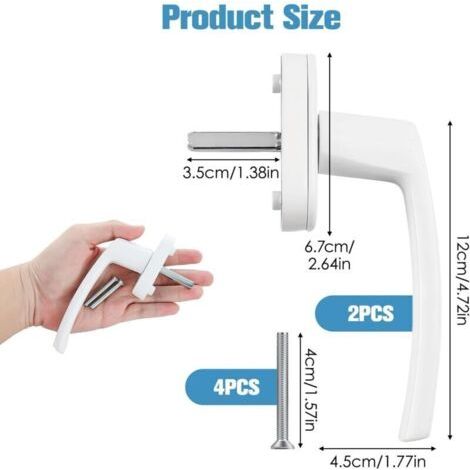 NALOOKAMIC Lot de 2 poignées de fenêtre en aluminium blanc – Serrure de fenêtre sans clé, idéale pour portes, fenêtres, balcons, longueur de tige 120 mm, facile à installer (1/3)