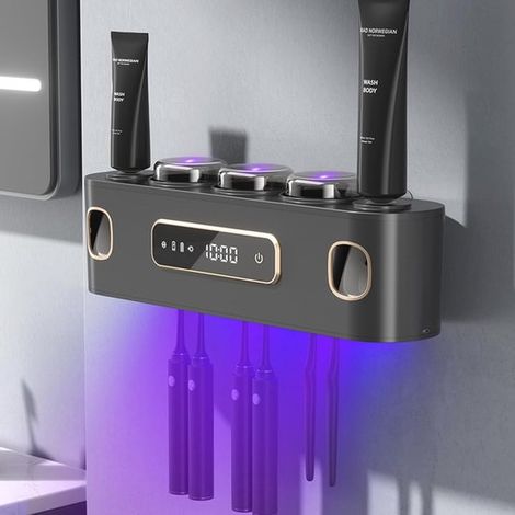 Soporte para cepillos de dientes con desinfección UV. Dispensador de pasta de dientes de pared. Alimentación solar + carga USB. Color negro. (1/5)