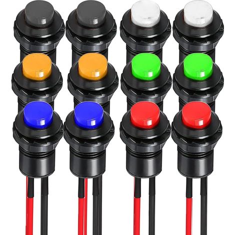 12pcs 12mm Pre-wired SPST ON/OFF Locking Push Button Switch AC 250V/1.5A 125V/3A, Mini Round Locking Rocker Switch for Table Lamp, Household Appliances