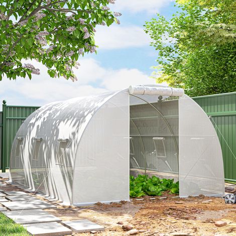 Serre de jardin tunnel 13,5 m² 6 fenêtres, porte zippée enroulable châssis acier galvanisé, bâche PE 4,5 x 3 x 2 m blanc (1/5)